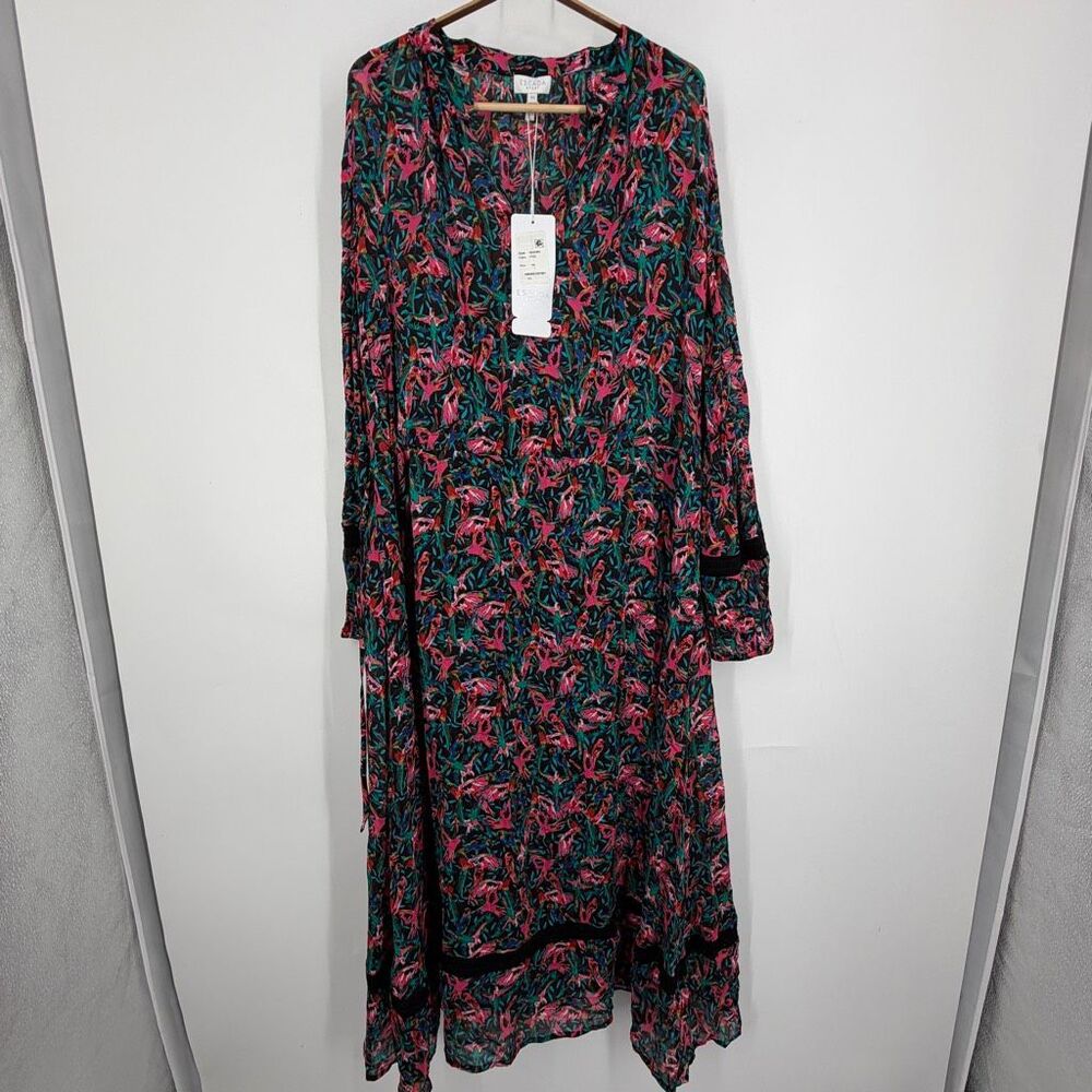 Escada Fantasy Bird Print Lace Trim Long Sleeve Maxi Dress Size 44 NWT